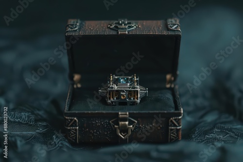 A fantastical box that bursts open to reveal a miniature, selfassembling robot, blending the supernatural with cuttingedge engineering with copy space, high tech photo