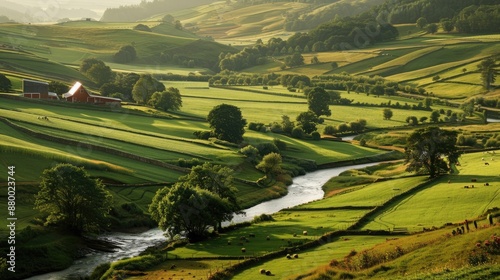 A serene countryside estate with rolling hills, a winding river, and a picturesque red barn in the distance.