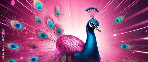 pink theme peacock portrait with light trail effect futuristic particles background design backdrop