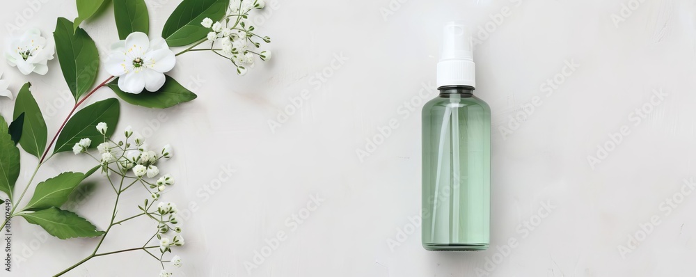 A glass bottle of clear liquid with a white spray top, on a white background with green leaves and white flowers. A glass bottle of clear liquid with a white spray top, on a white background with green leaves and white flowers.