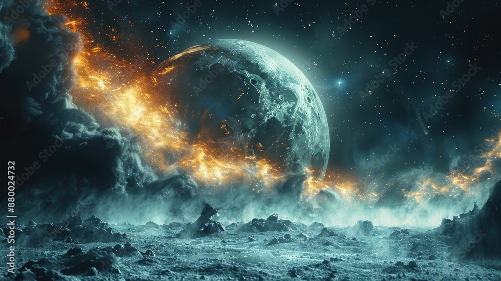 Fototapeta premium Alien Planet Surface with Fire and Stars Illustration