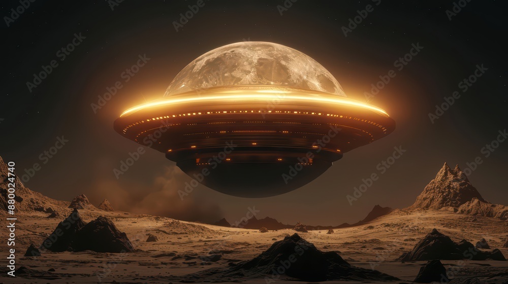 A futuristic spaceship, made of gold, landing on a moon that glows with ethereal light with copy space, high tech A futuristic spaceship, made of gold, landing on a moon that glows with ethereal light with copy space, high tech