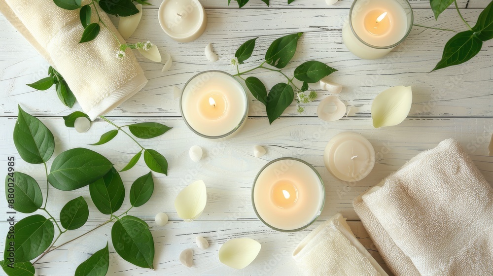 Still life composition featuring towel candles and green leaves on white wooden surface Still life composition featuring towel candles and green leaves on white wooden surface
