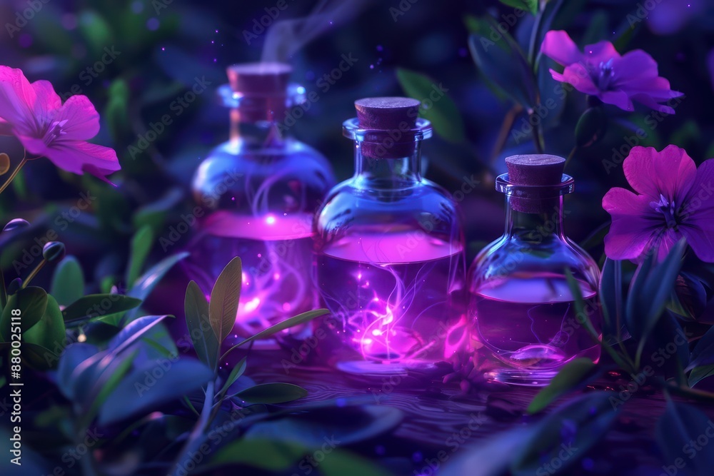 A mystical pharmacy where flowers open to reveal glowing elixirs A mystical pharmacy where flowers open to reveal glowing elixirs