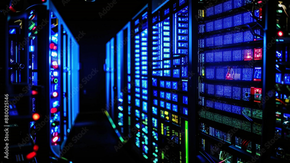 Fototapeta premium a close up of a row of servers in a dark room