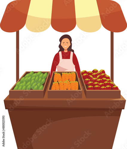 Young woman working as a greengrocer is selling fresh produce at a local farmers market