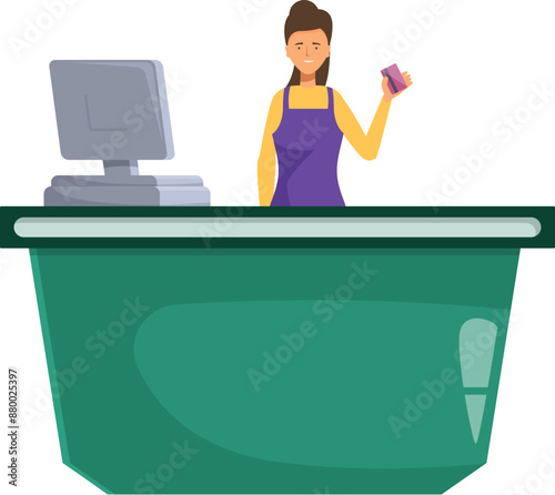 Young cashier is standing at the cash desk, holding a credit card