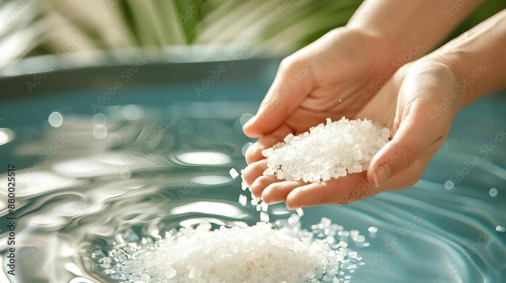 Closeup of hands adding bath salts to water