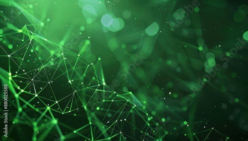 Abstract background with green polygonal mesh, low poly network of lines and dots on dark gradient Big data technology concept Generative AI