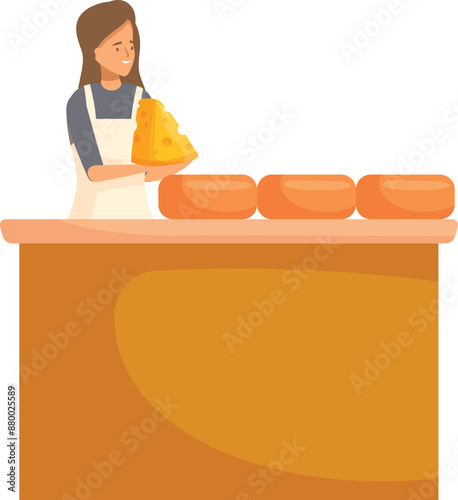 Saleswoman holding big piece of cheese at counter with different sorts of cheese