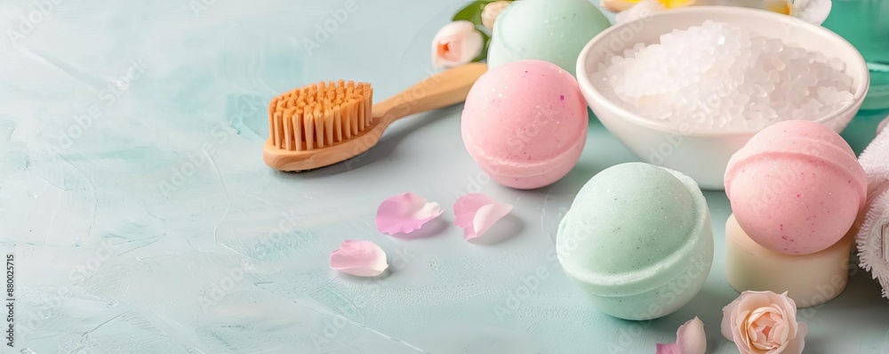 Luxurious bath set with bath bombs, salts, and a wooden brush, Bath Body, Pampering essentials. Luxurious bath set with bath bombs, salts, and a wooden brush, Bath Body, Pampering essentials.