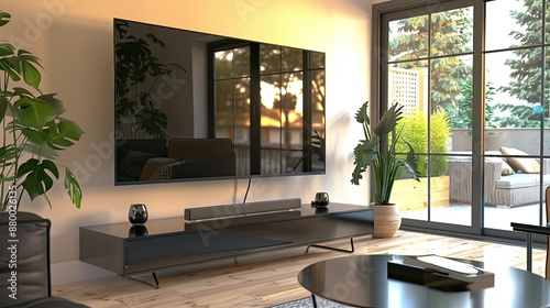 A sleek, modern flat screen TV installed on the wall in a tastefully designed living room space.