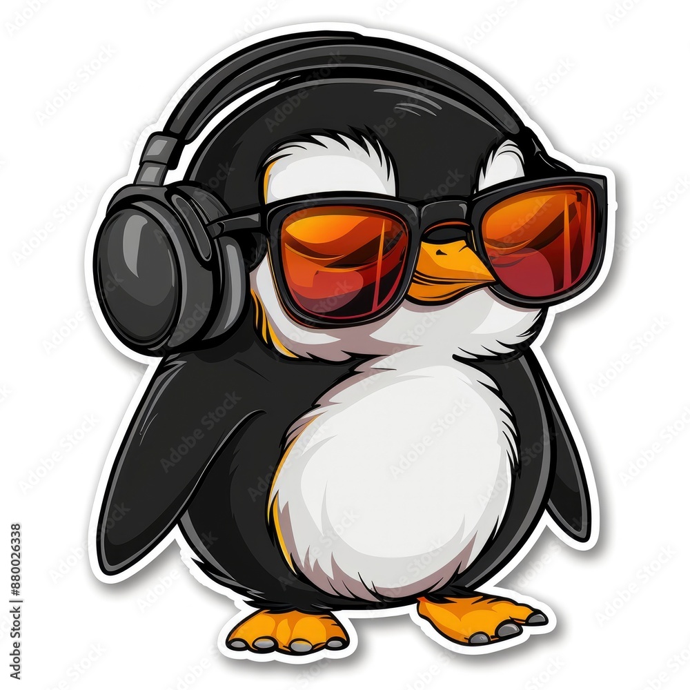 Obraz premium cartoon penguin with earmuffs and ice skates sticker, white background, simple Q version of the cartoon character stickers