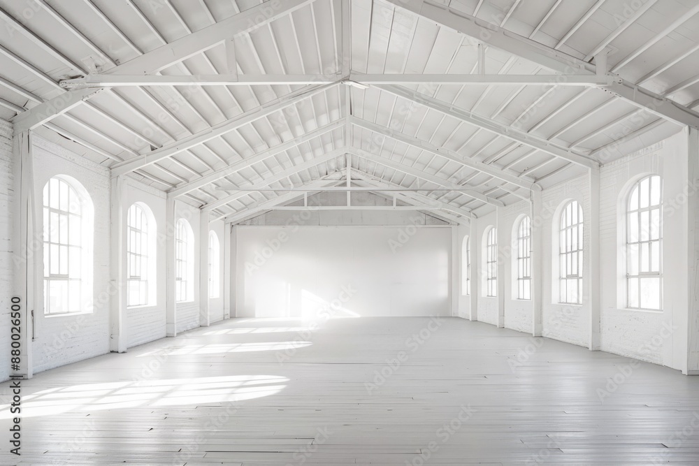 Empty modern white warehouse with a spacious interior and clean white background Empty modern white warehouse with a spacious interior and clean white background