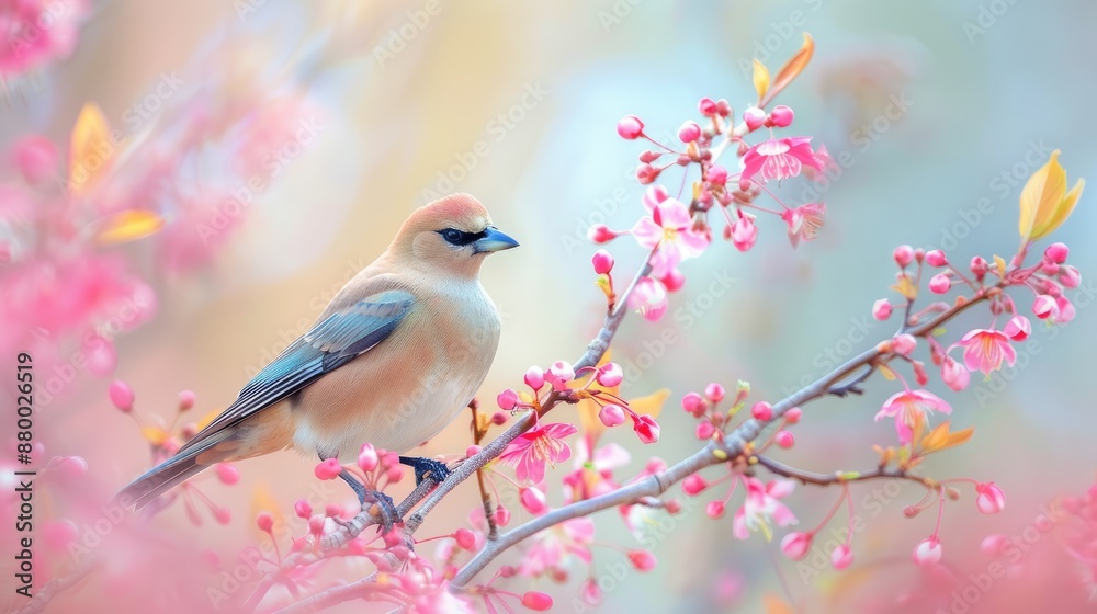 Fototapeta premium Cedar Waxwing Resting on Pink Blossom