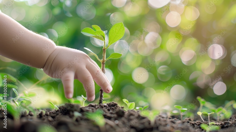 Detailed image of a child's hand gently placing a small tree into the earth, with a blurred green bokeh background symbolizing hope for the future Detailed image of a child's hand gently placing a small tree into the earth, with a blurred green bokeh background symbolizing hope for the future
