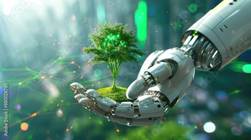 Close-up of a robotic AI hand supporting a holographic miniature tree, set against a bright digital backdrop illustrating futuristic environmental solutions