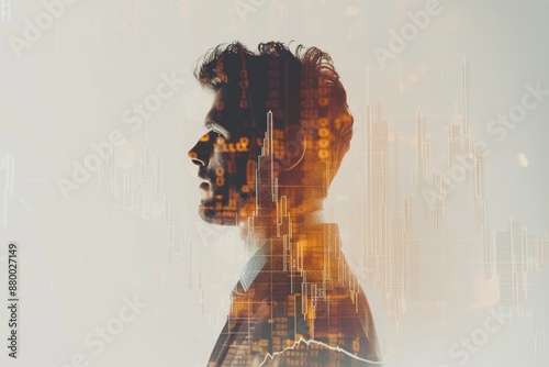 Double exposure image featuring a businessman and a stock graph, with clear copy space. The design symbolizes market dynamics and business acumen.
