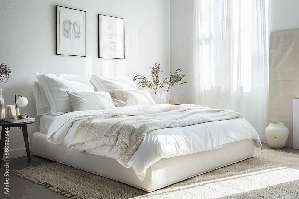 Modern white bedroom with minimal decor, cozy elements, and bright ambiance