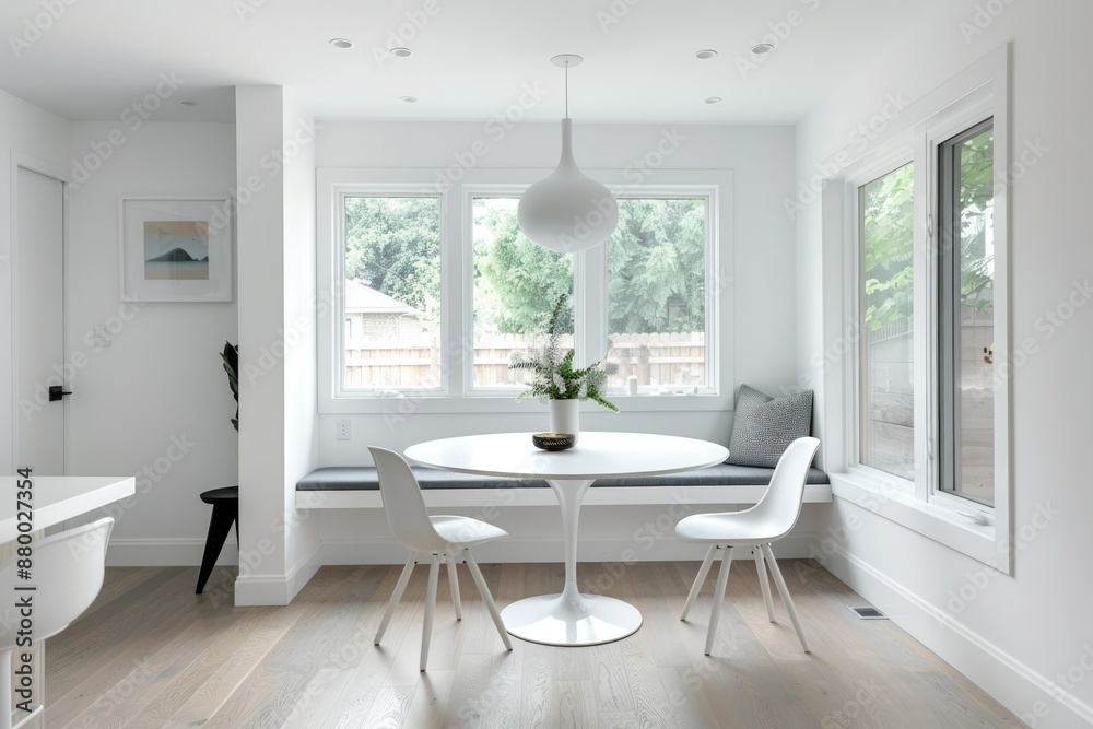 Fototapeta premium Modern white dining space with cozy seating, minimal decor, and natural light
