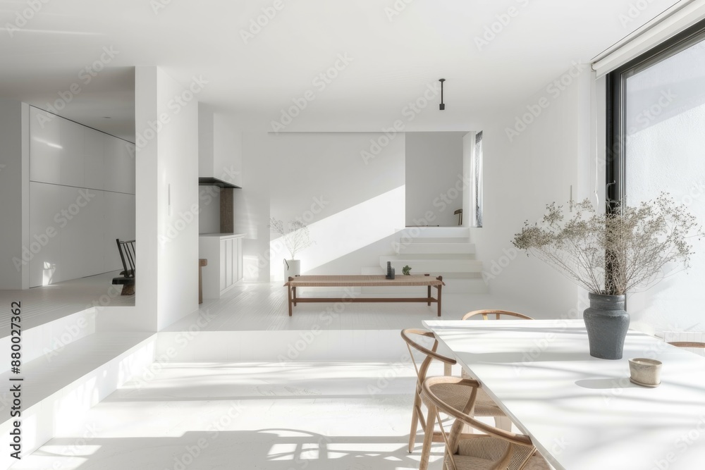 Fototapeta premium Modern white dining space with cozy seating, minimal decor, and natural light