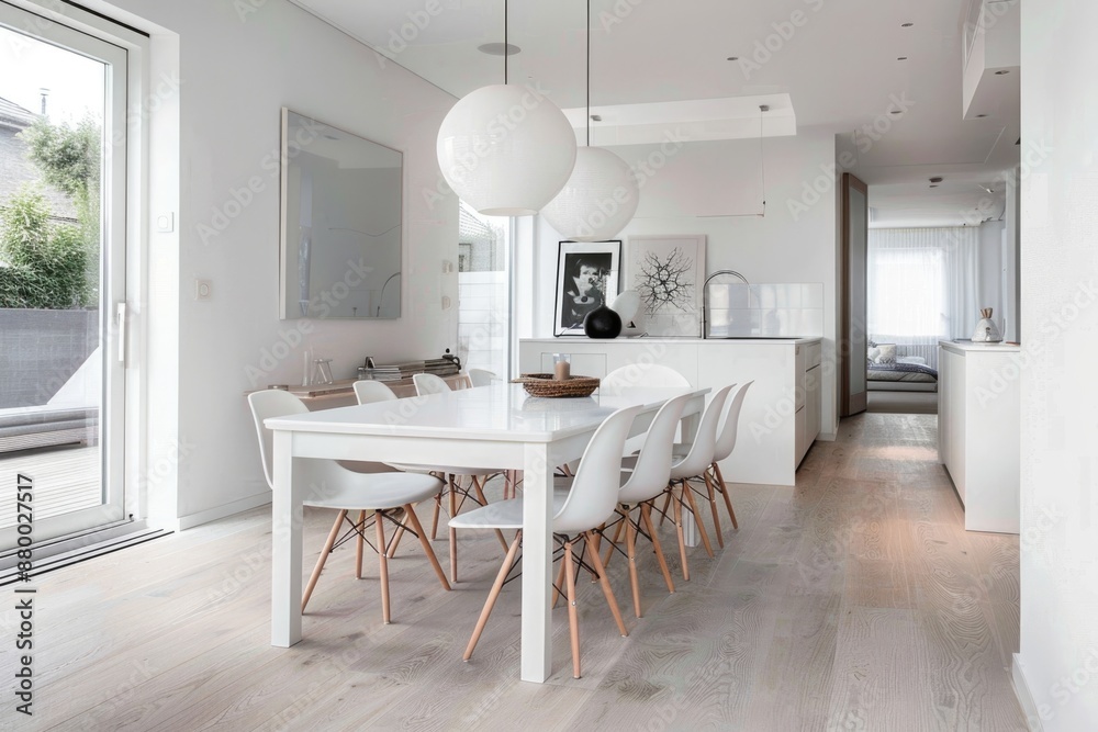 Elegant minimal white dining room with a white table and chairs, flooded with natural light. Elegant minimal white dining room with a white table and chairs, flooded with natural light.