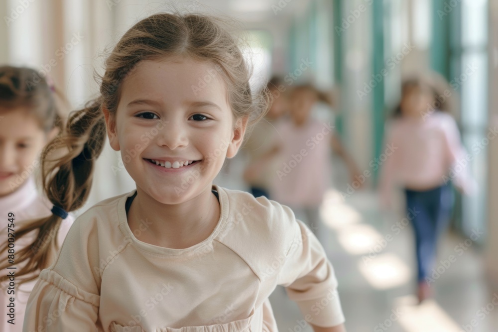 A group of children are running down a hallway, one of them is smiling A group of children are running down a hallway, one of them is smiling