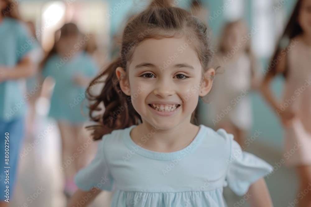 A young girl is running and smiling in a group of children A young girl is running and smiling in a group of children