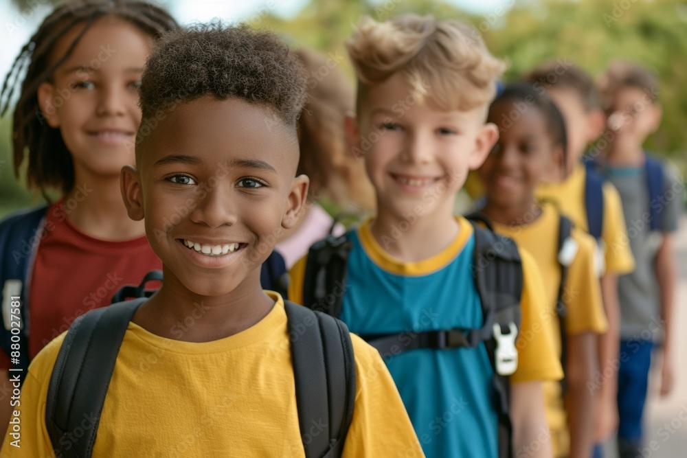 A group of children are smiling and standing in a line A group of children are smiling and standing in a line
