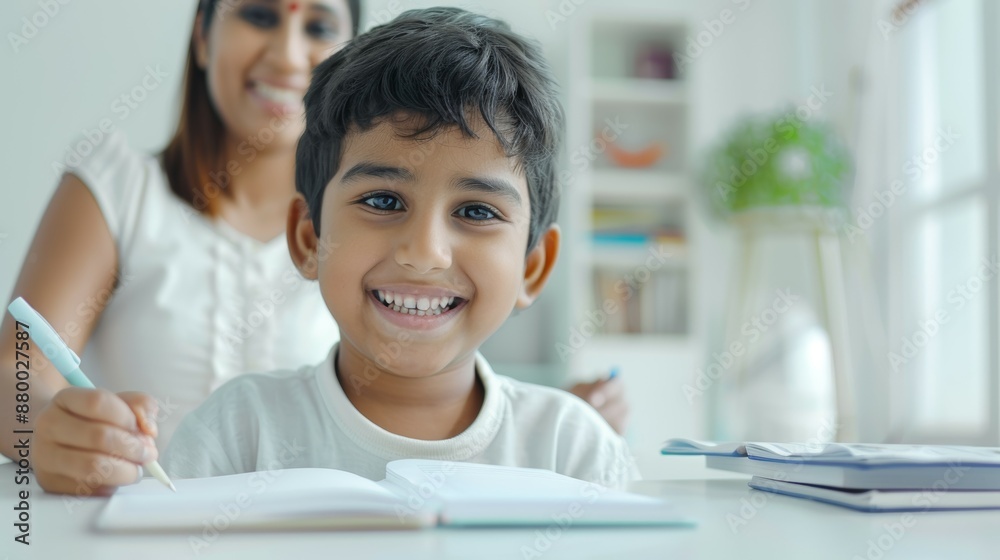 A young boy is sitting at a table with a pen and paper, smiling as he writes A young boy is sitting at a table with a pen and paper, smiling as he writes
