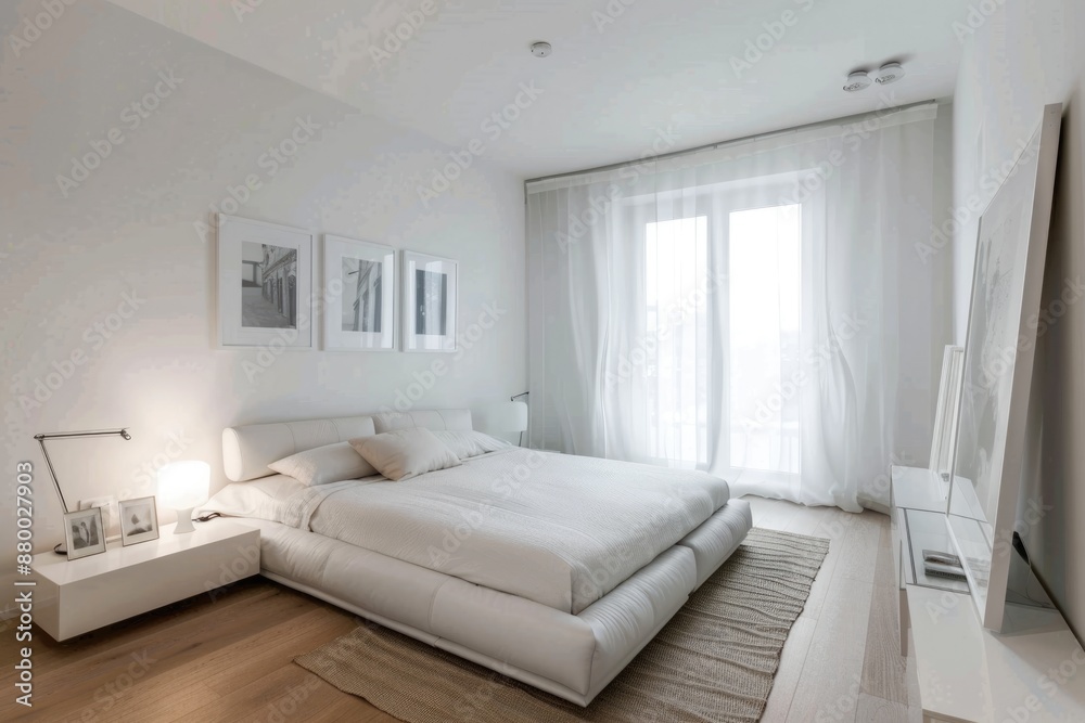 Cozy white bedroom with minimalist decor and a comfortable bed Cozy white bedroom with minimalist decor and a comfortable bed