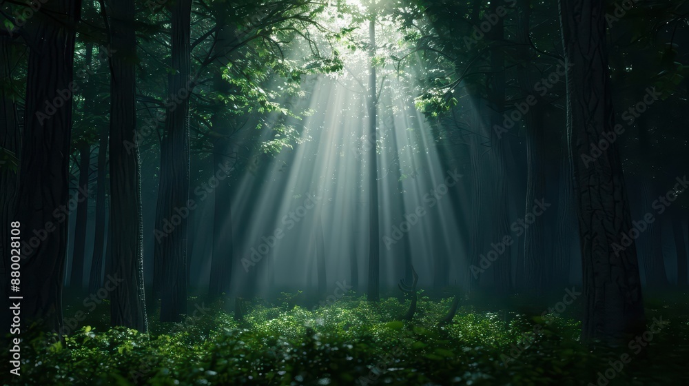 Obraz premium An enchanted forest where the trees themselves applaud the victor, their leaves rustling in a symphony of sound and light that honors the triumph with copy space, high tech