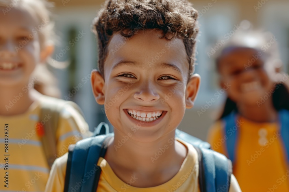 A young boy with a backpack is smiling and looking at the camera A young boy with a backpack is smiling and looking at the camera