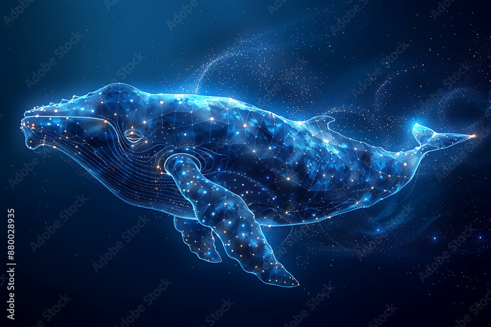 A blue whale composed of polygons, representing a big player in the market or exchange with huge capital, in the wireframe style on a dark blue background A blue whale composed of polygons, representing a big player in the market or exchange with huge capital, in the wireframe style on a dark blue background