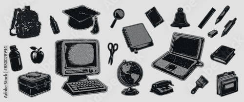 Back to school icons collection. Trendy grunge halftone stipple effect. Retro photocopy linocut style. Y2K aesthetic. Backpack, computer, book, lunchbox, apple, laptop, globe, folder, pencil, brush. 