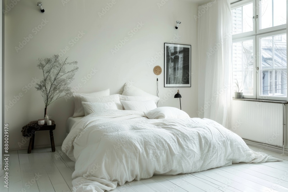 Obraz premium Minimal white bedroom with soft bedding and a serene atmosphere