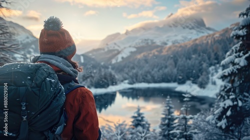 An elated traveler gazes out at a snowy mountain lake from a scenic viewpoint, their face illuminated by the soft light of dawn, their joy evident as they soak in the breathtaking vista, with