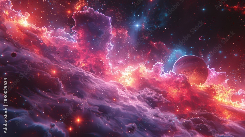 Cosmic Nebula with Planets and Stars - 3D Illustration