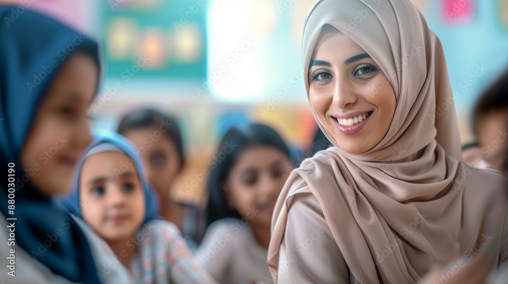 A woman wearing a head scarf smiles at a group of children A woman wearing a head scarf smiles at a group of children