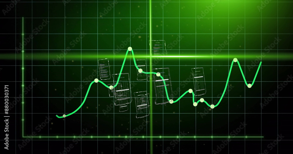 Image of green graph and scanner beams over interfaces processing data on dark background Image of green graph and scanner beams over interfaces processing data on dark background