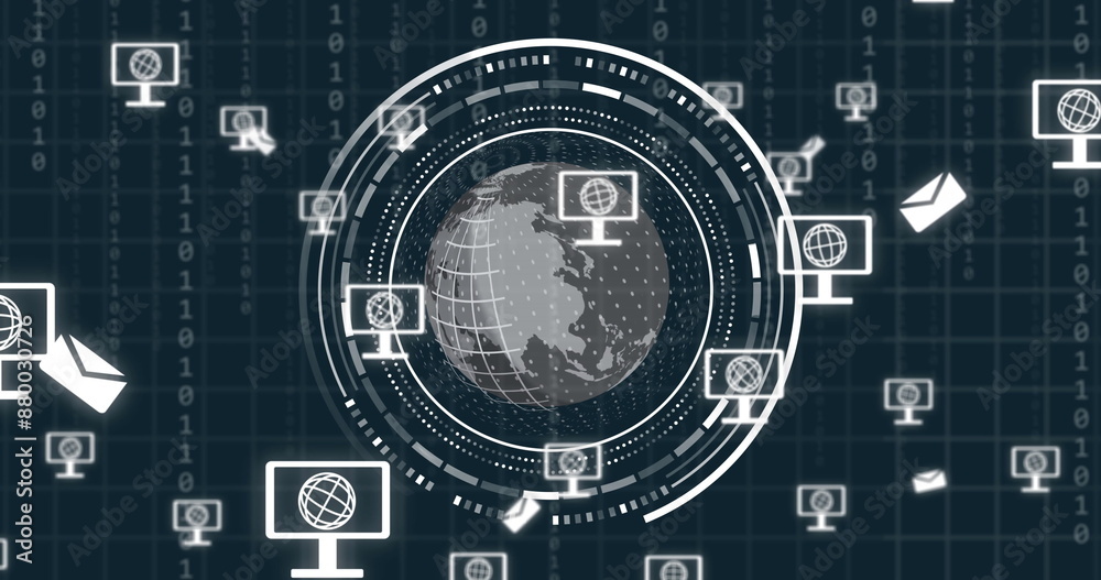 Fototapeta premium Image of globe with icons and data processing over dark background