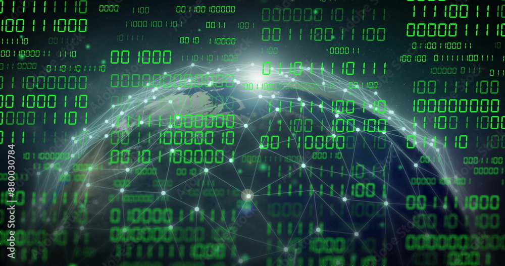 Image of globe with binary coding and data processing over dark background Image of globe with binary coding and data processing over dark background