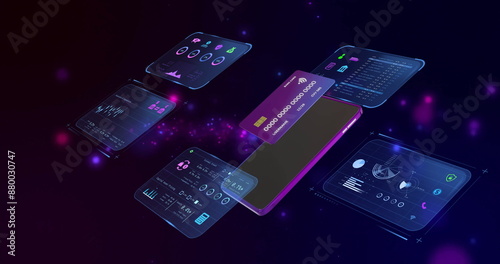 Image of data processing with credit card and smartphone over light spots on black background