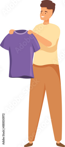 Young man is holding up a new purple t shirt, deciding whether to buy it or not