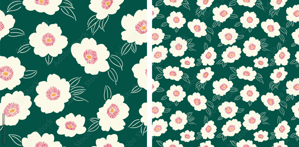 Cherry Blossom Sakura Flowers Green Background Japanese Textile Pattern Vector Illustration Cherry Blossom Sakura Flowers Green Background Japanese Textile Pattern Vector Illustration