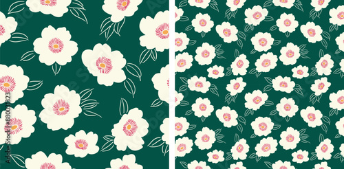 Cherry Blossom Sakura Flowers Green Background Japanese Textile Pattern Vector Illustration