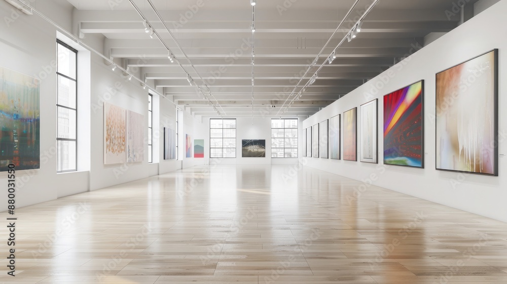 A spacious art gallery with minimalist white walls, featuring a diverse array of paintings, with large windows allowing natural light to enhance the artwork. A spacious art gallery with minimalist white walls, featuring a diverse array of paintings, with large windows allowing natural light to enhance the artwork.