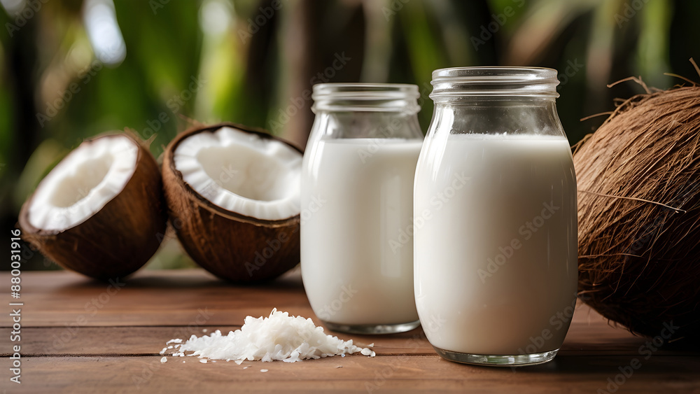Fresh coconut milk in glass jar on a wooden table with a coconut tree farm background. Fresh coconut milk in glass jar on a wooden table with a coconut tree farm background.