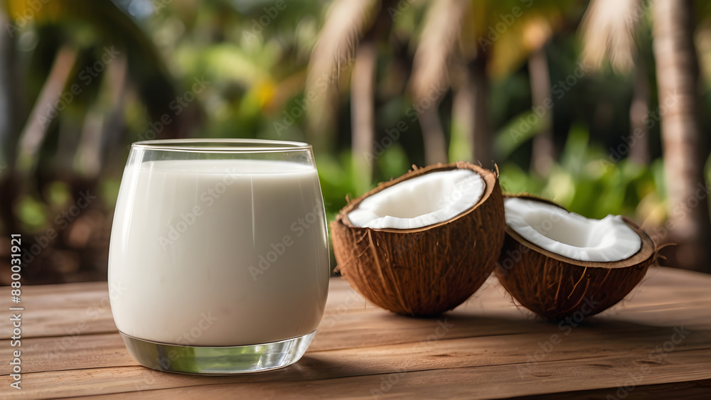 Fresh coconut milk in glass on a wooden table with a coconut tree farm background.