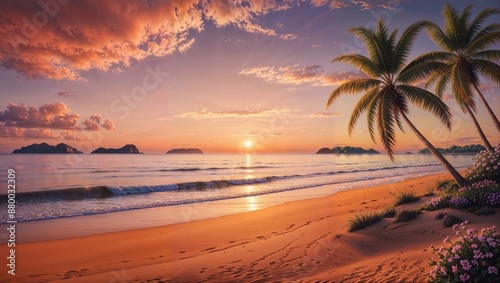 Image of a tropical beach at sunset. The layout features a serene beach with golden sand in the foreground, gently lapped by calm ocean waves. Two tall, lush palm trees